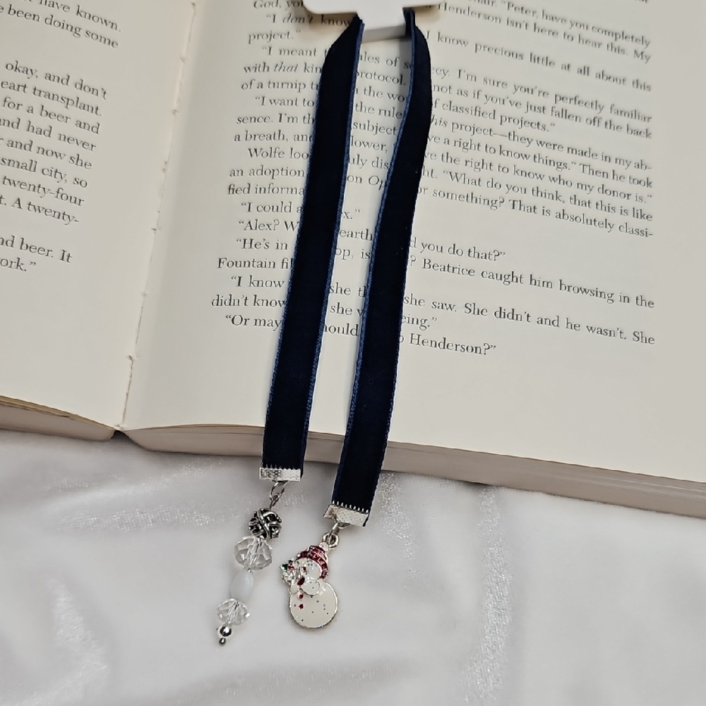 Handmade Navy Blue Velvet Ribbon Blue Beaded Bookmark Snowman Charm Gift DIY